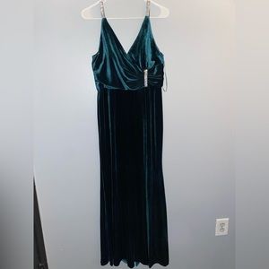 Emerald green and diamond straps with diamond belted prom dress, zippered back.